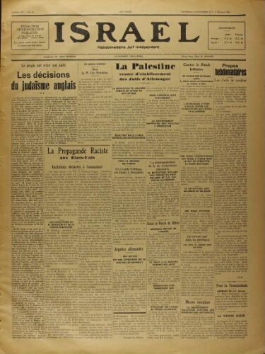 Israël : Hebdomadaire Juif Indépendant Vol.14 N°45 (10 novembre 1933)